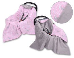 Bobono Duży otulacz dla niemowląt do fotelika nosidełka wózka dwustronny - króliczki różowe
