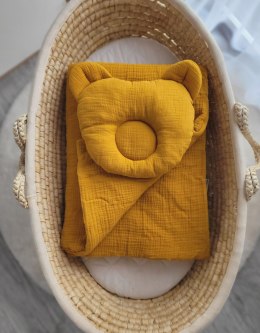 My Sweet Baby Kołderka z wypełnieniem i poduszka profilowana Miś MUŚLIN- zestaw 2cz. - musztardowy