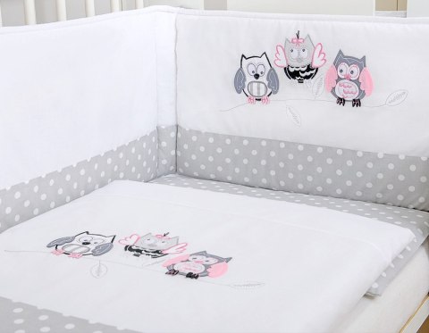 My Sweet Baby Komplet pościeli dla dzieci 120x90cm z ochraniaczem 3-cz Sówki szare z haftem szaro-różowym