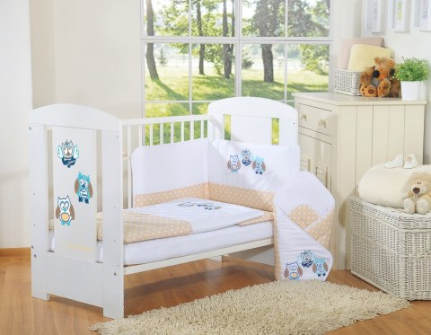 My Sweet Baby Komplet pościeli dla dzieci 135x100cm z ochraniaczem 3-cz Sówki beżowe z haftem beżowo-niebieskim