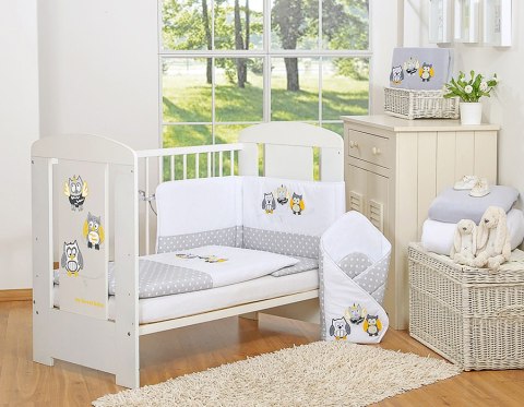 My Sweet Baby Komplet pościeli dla dzieci 135x100cm z ochraniaczem 3-cz Sówki szare z haftem szaro-żółtym