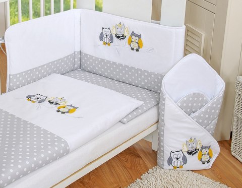 My Sweet Baby Komplet pościeli dla dzieci 135x100cm z ochraniaczem 3-cz Sówki szare z haftem szaro-żółtym