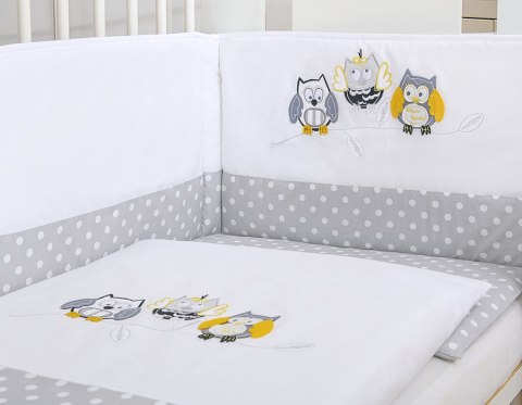 My Sweet Baby Komplet pościeli dla dzieci 135x100cm z ochraniaczem 3-cz Sówki szare z haftem szaro-żółtym