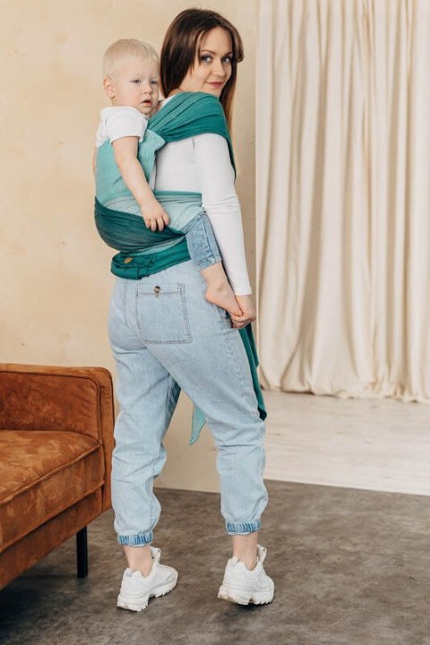 Nosidełko LennyHybrid Half Buckle, splot jodełkowy, 100% bawełna , rozmiar standard - MAŁA JODEŁKA OMBRE ZIELEŃ