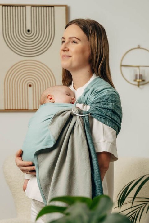 Moja pierwsza chusta kółkowa do noszenia dzieci, tkana splotem jodełkowym, bawełna, ramię bez zakładek - MAŁA JODEŁKA BABY MINT 