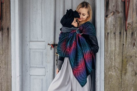 Żakardowa chusta kółkowa do noszenia dzieci, 60% bawełna, 28% wełna merino, 8% jedwab, 4% kaszmir, ramię bez zakładek - PAWI OGO
