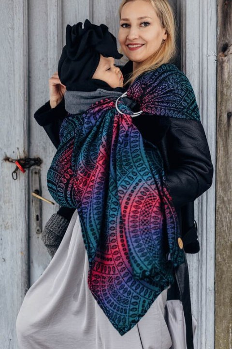 Żakardowa chusta kółkowa do noszenia dzieci, 60% bawełna, 28% wełna merino, 8% jedwab, 4% kaszmir, ramię bez zakładek - PAWI OGO
