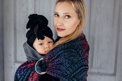 Żakardowa chusta kółkowa do noszenia dzieci, 60% bawełna, 28% wełna merino, 8% jedwab, 4% kaszmir, ramię bez zakładek - PAWI OGO