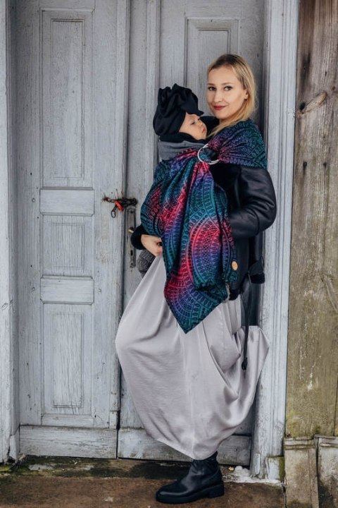 Żakardowa chusta kółkowa do noszenia dzieci, 60% bawełna, 28% wełna merino, 8% jedwab, 4% kaszmir, ramię bez zakładek - PAWI OGO