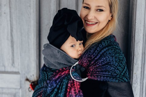 Żakardowa chusta kółkowa do noszenia dzieci, 60% bawełna, 28% wełna merino, 8% jedwab, 4% kaszmir, ramię bez zakładek - PAWI OGO