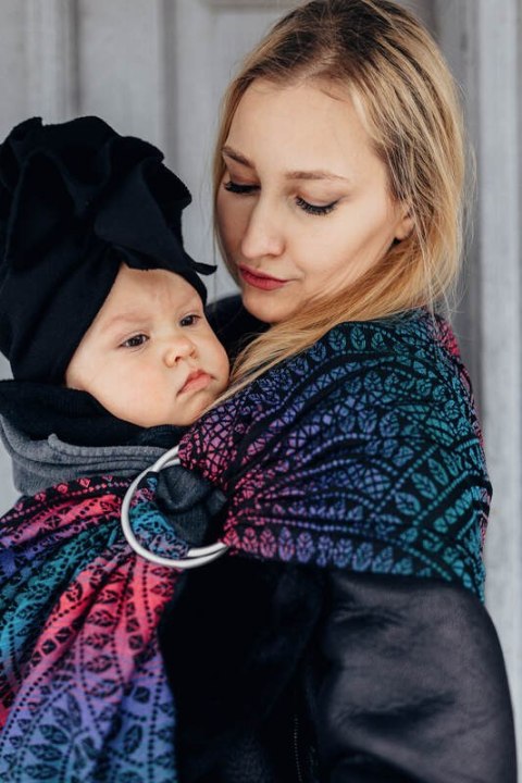 Żakardowa chusta kółkowa do noszenia dzieci, 60% bawełna, 28% wełna merino, 8% jedwab, 4% kaszmir, ramię bez zakładek - PAWI OGO