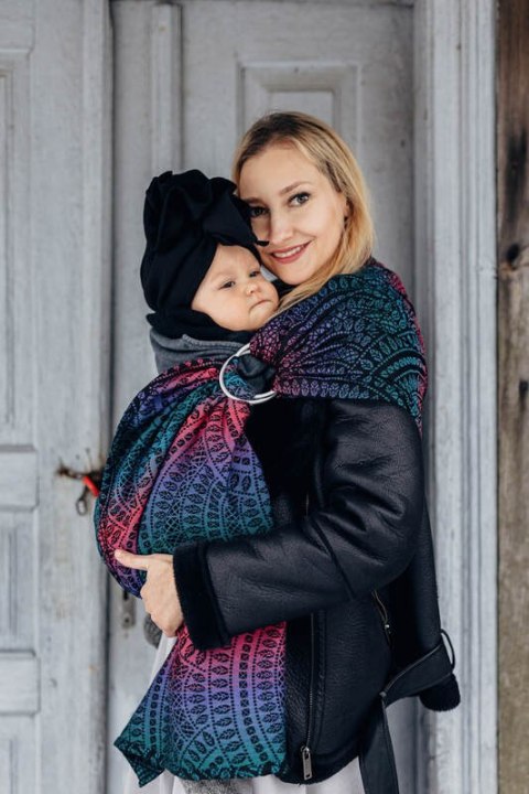 Żakardowa chusta kółkowa do noszenia dzieci, 60% bawełna, 28% wełna merino, 8% jedwab, 4% kaszmir, ramię bez zakładek - PAWI OGO