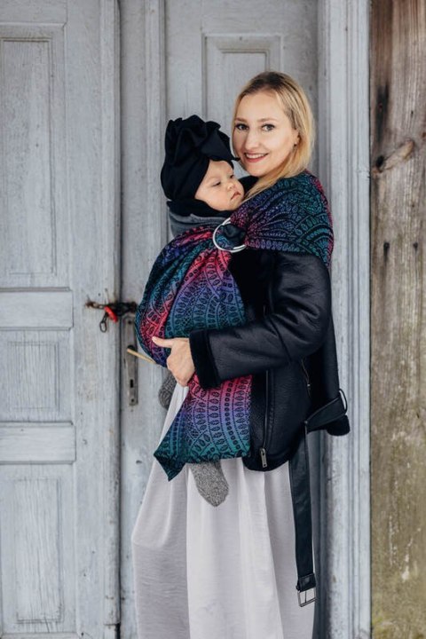 Żakardowa chusta kółkowa do noszenia dzieci, 60% bawełna, 28% wełna merino, 8% jedwab, 4% kaszmir, ramię bez zakładek - PAWI OGO