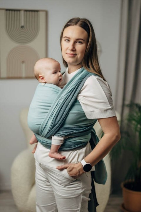 Moja pierwsza chusta do noszenia dzieci, tkana splotem jodełkowym, bawełna - MAŁA JODEŁKA BABY MINT - rozmiar L