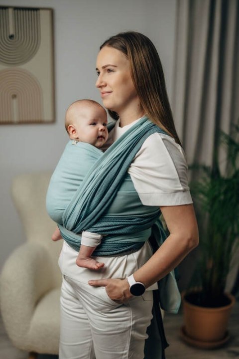 Moja pierwsza chusta do noszenia dzieci, tkana splotem jodełkowym, bawełna - MAŁA JODEŁKA BABY MINT - rozmiar M (drugi gatunek)