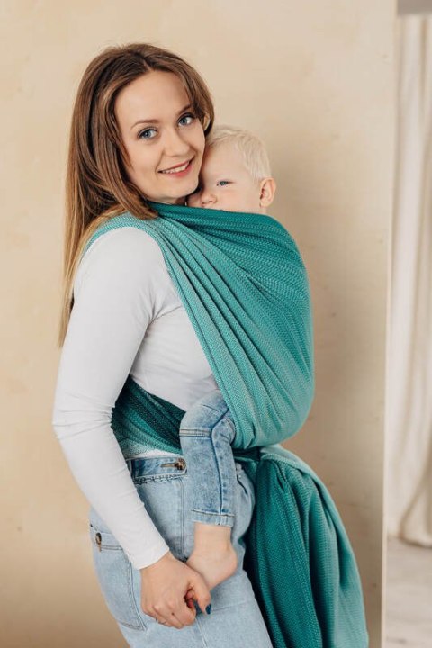 Chusta do noszenia dzieci, tkana splotem jodełkowym, bawełna - MAŁA JODEŁKA OMBRE ZIELEŃ - rozmiar S