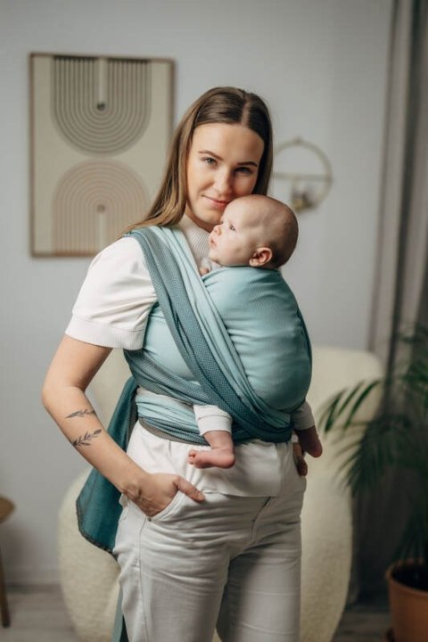 Moja pierwsza chusta do noszenia dzieci, tkana splotem jodełkowym, bawełna - MAŁA JODEŁKA BABY MINT - rozmiar S