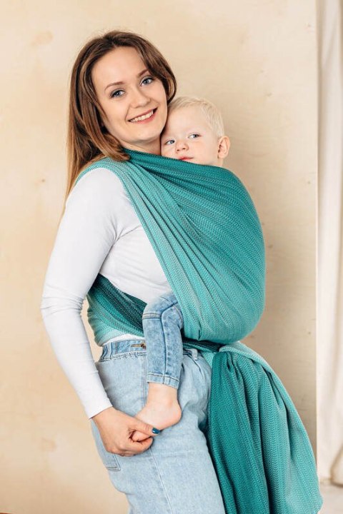 Chusta do noszenia dzieci, tkana splotem jodełkowym, bawełna - MAŁA JODEŁKA OMBRE ZIELEŃ - rozmiar XS