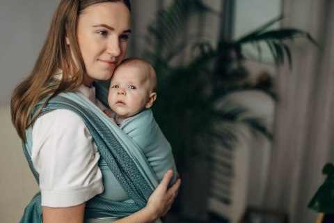 Moja pierwsza chusta do noszenia dzieci, tkana splotem jodełkowym, bawełna - MAŁA JODEŁKA BABY MINT - rozmiar XL
