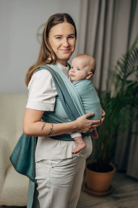 Moja pierwsza chusta do noszenia dzieci, tkana splotem jodełkowym, bawełna - MAŁA JODEŁKA BABY MINT - rozmiar XL