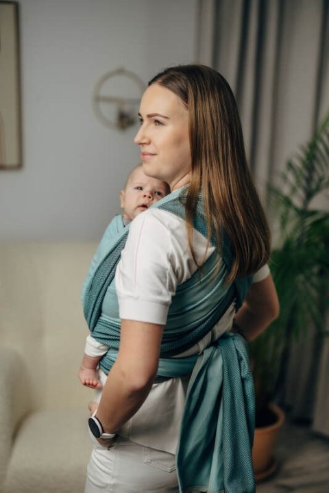 Moja pierwsza chusta do noszenia dzieci, tkana splotem jodełkowym, bawełna - MAŁA JODEŁKA BABY MINT - rozmiar XS