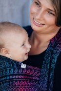 Żakardowa chusta do noszenia dzieci, 60% bawełna, 28% wełna merino, 8% jedwab, 4% kaszmir - PAWI OGON - CZARNY OPAL - rozmiar L