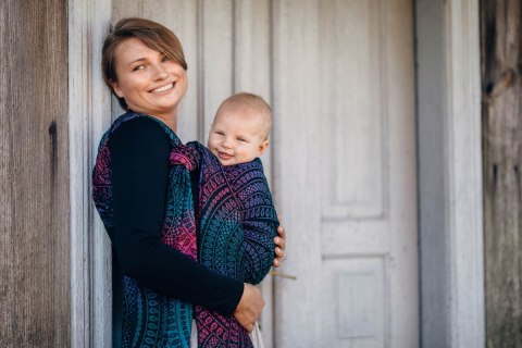 Żakardowa chusta do noszenia dzieci, 60% bawełna, 28% wełna merino, 8% jedwab, 4% kaszmir - PAWI OGON - CZARNY OPAL - rozmiar L