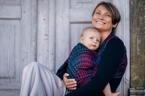 Żakardowa chusta do noszenia dzieci, 60% bawełna, 28% wełna merino, 8% jedwab, 4% kaszmir - PAWI OGON - CZARNY OPAL - rozmiar L