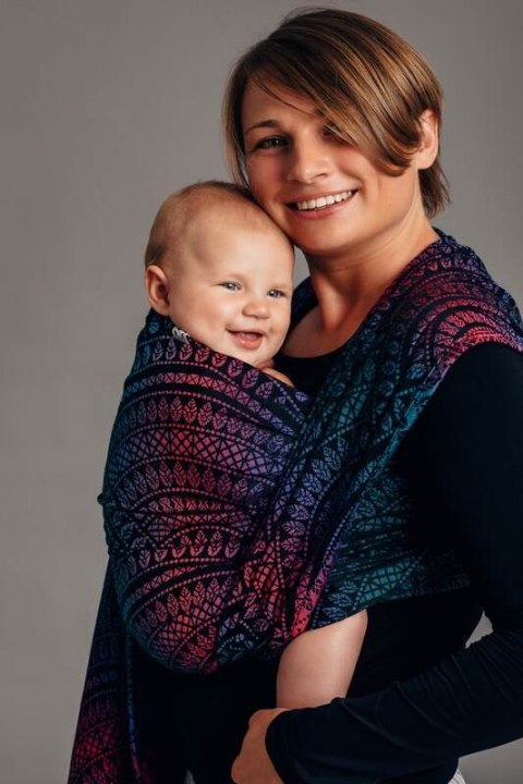 Żakardowa chusta do noszenia dzieci, 60% bawełna, 28% wełna merino, 8% jedwab, 4% kaszmir - PAWI OGON - CZARNY OPAL - rozmiar L