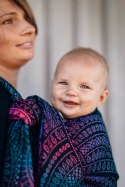 Żakardowa chusta do noszenia dzieci, 60% bawełna, 28% wełna merino, 8% jedwab, 4% kaszmir - PAWI OGON - CZARNY OPAL - rozmiar M