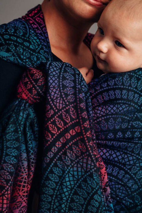 Żakardowa chusta do noszenia dzieci, 60% bawełna, 28% wełna merino, 8% jedwab, 4% kaszmir - PAWI OGON - CZARNY OPAL - rozmiar M