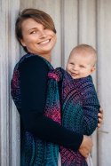 Żakardowa chusta do noszenia dzieci, 60% bawełna, 28% wełna merino, 8% jedwab, 4% kaszmir - PAWI OGON - CZARNY OPAL - rozmiar S