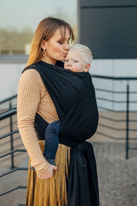 Żakardowa chusta do noszenia dzieci, 59% bawełna, 41% wełna merino - PAWI OGON - PITCH BLACK - rozmiar XS