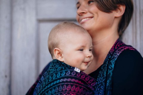 Żakardowa chusta do noszenia dzieci, 60% bawełna, 28% wełna merino, 8% jedwab, 4% kaszmir - PAWI OGON - CZARNY OPAL - rozmiar XS
