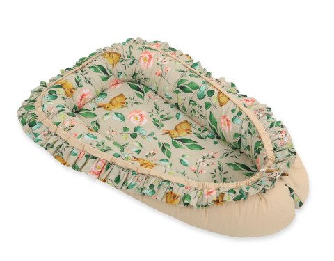 Bobono Kokon niemowlęcy kojec otulacz Premium z falbanką - Rabbit with flowers