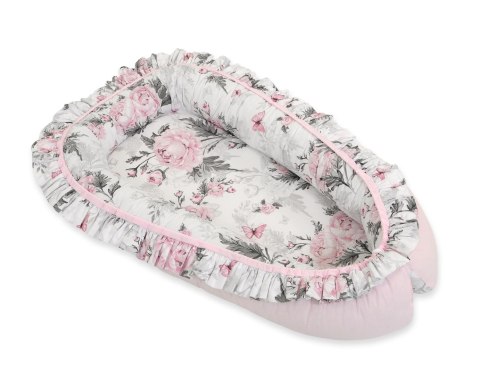 Bobono Kokon niemowlęcy kojec otulacz Premium z falbanką - Romantic peonies