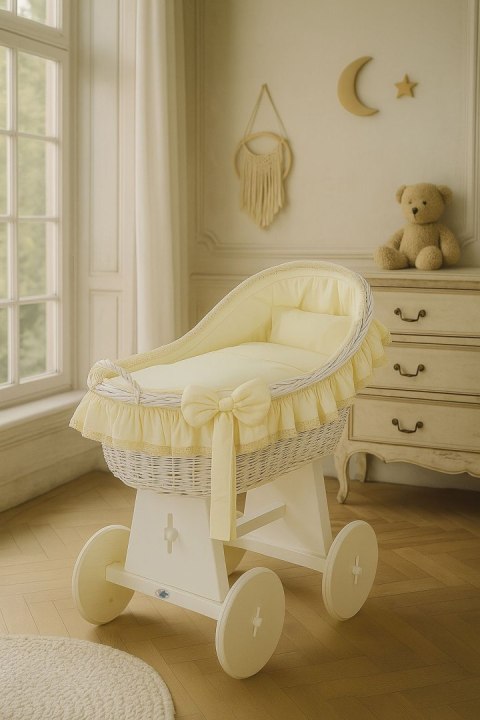 My Sweet Baby Wiklinowy kosz Mojżesza z budką wiklinową Carina biały + kremowa pościel