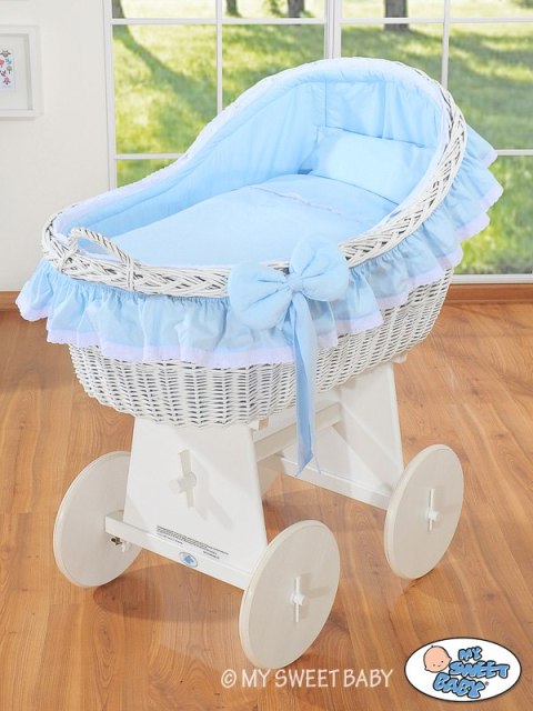 My Sweet Baby Wiklinowy kosz Mojżesza z budką wiklinową Carina biały + niebieska pościel