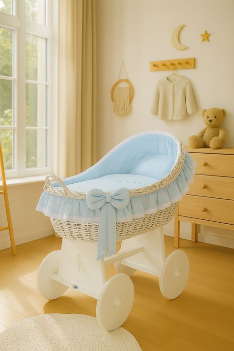 My Sweet Baby Wiklinowy kosz Mojżesza z budką wiklinową Carina biały + niebieska pościel