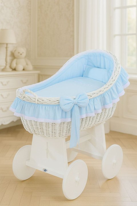 My Sweet Baby Wiklinowy kosz Mojżesza z budką wiklinową Carina biały + niebieska pościel
