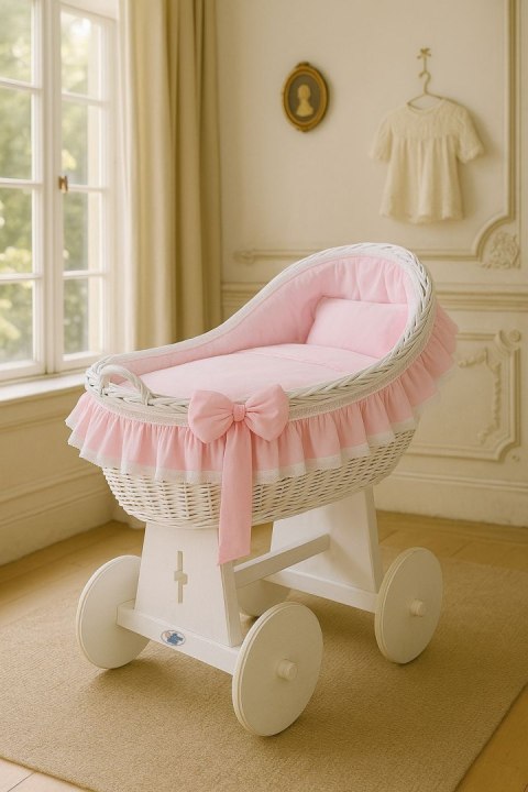 My Sweet Baby Wiklinowy kosz Mojżesza z budką wiklinową Carina biały + różowa pościel