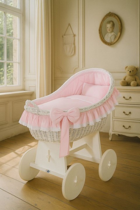 My Sweet Baby Wiklinowy kosz Mojżesza z budką wiklinową Carina biały + różowa pościel