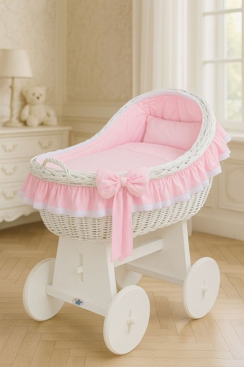My Sweet Baby Wiklinowy kosz Mojżesza z budką wiklinową Carina biały + różowa pościel