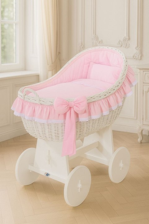 My Sweet Baby Wiklinowy kosz Mojżesza z budką wiklinową Carina biały + różowa pościel