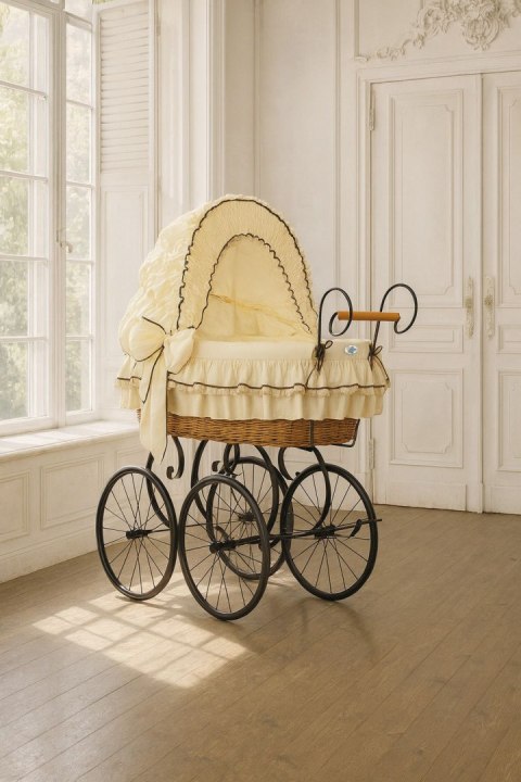 My Sweet Baby Luxury Wiklinowy kosz Mojżesza Retro ze składaną budką Emma - naturalny + kremowa pościel z koronką