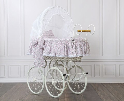 My Sweet Baby Luxury Wiklinowy kosz Mojżesza Retro ze składaną budką Jasmine - biały + różowa pościel z koronką