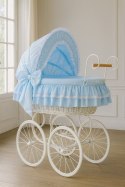 My Sweet Baby Luxury Wiklinowy kosz Mojżesza Retro ze składaną budką Victoria - biały + niebieska pościel z koronką