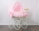 My Sweet Baby Luxury Wiklinowy kosz Mojżesza Retro ze składaną budką Victoria - biały + różowa pościel z koronką