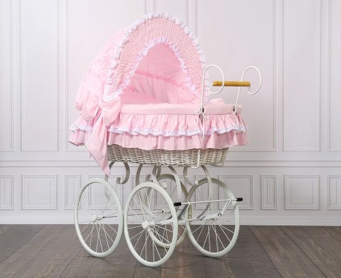 My Sweet Baby Luxury Wiklinowy kosz Mojżesza Retro ze składaną budką Victoria - biały + różowa pościel z koronką