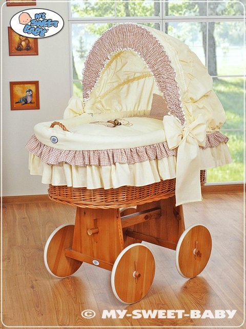 My Sweet Baby Kosz Mojżesza z budą- Miś z kokardką naturalny + kremowo-brązowo pościel z haftem